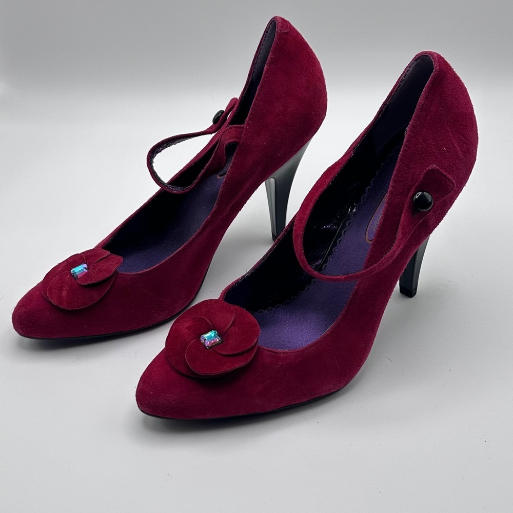 Poetic Justice Beverly Feldman Red Suede Rosette Balletcore Mary Jane Pumps 6.5